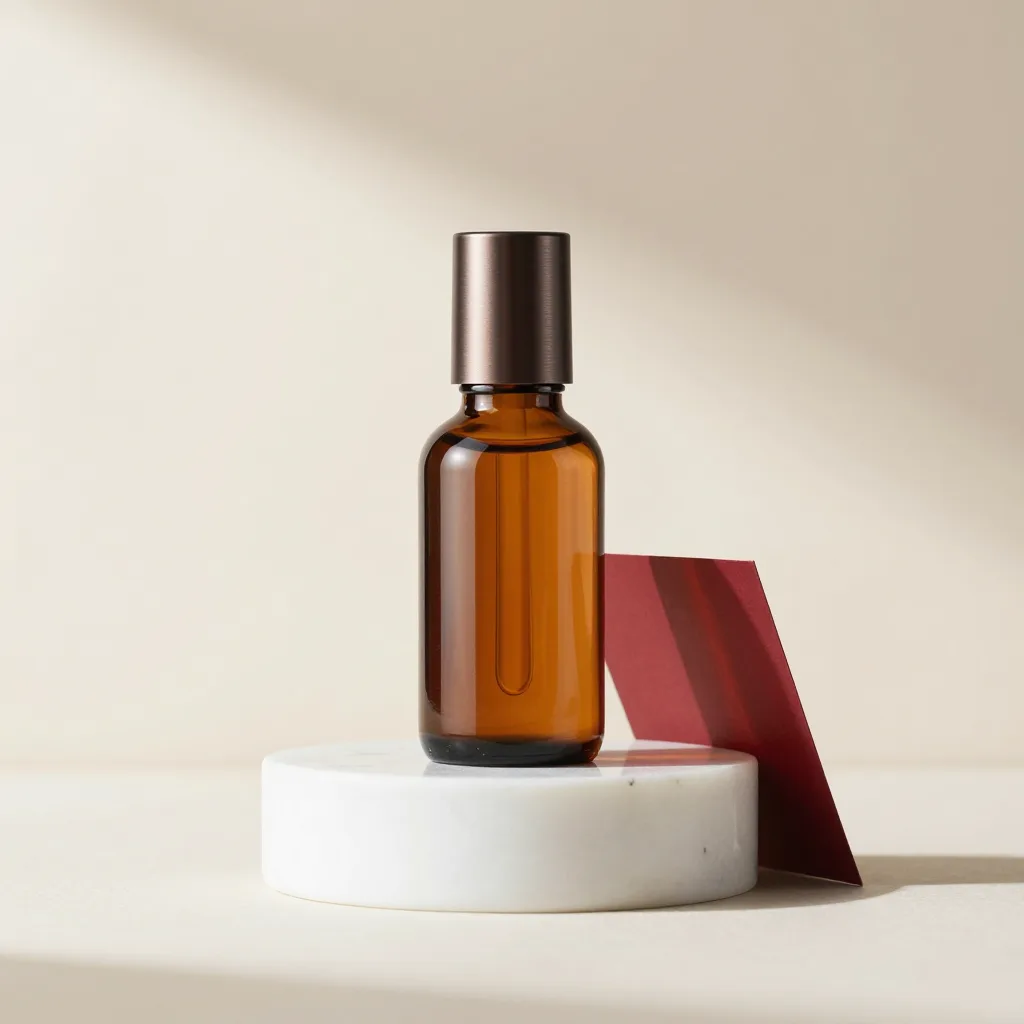 Amber glass serum bottle on a white marble pedestal against a warm off-white studio background