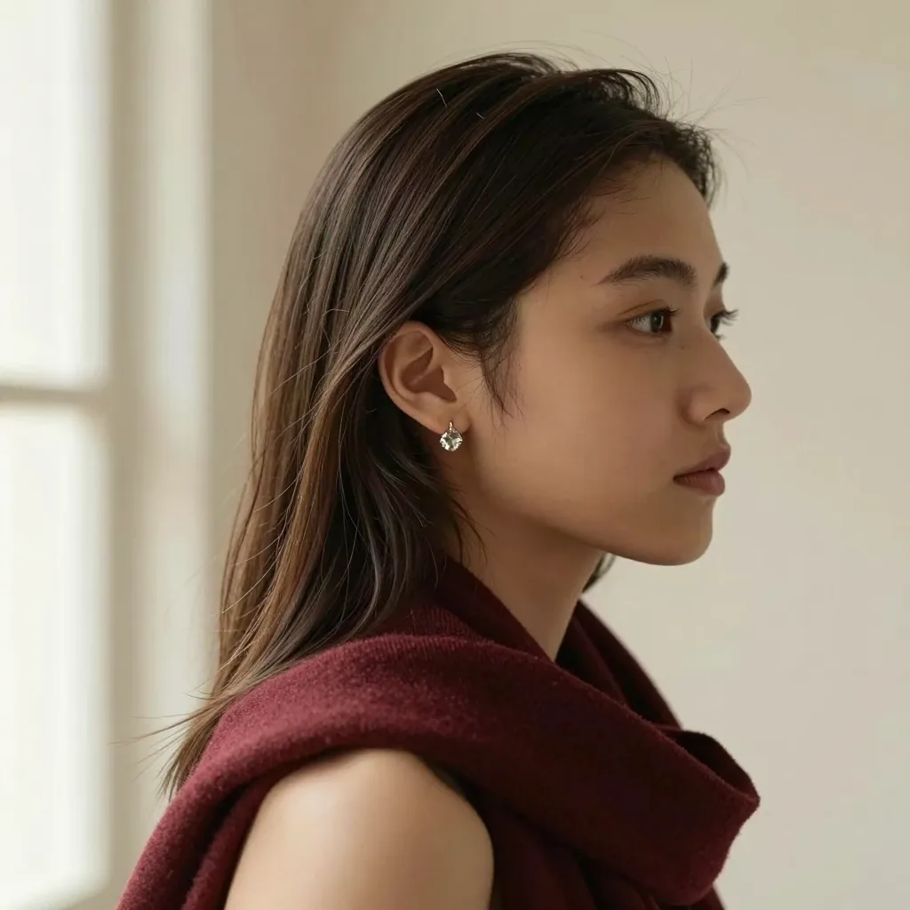Profile portrait of a young woman with a faceted crystal earring in soft window light