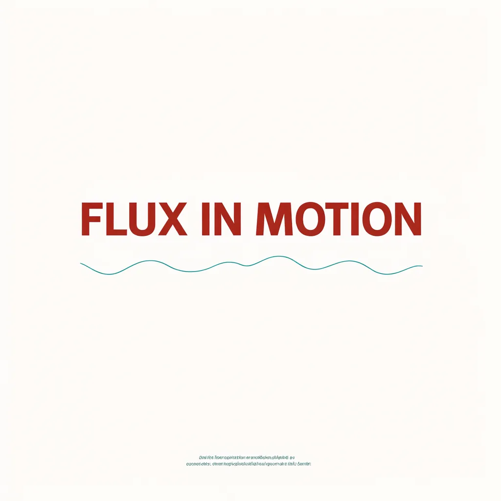 Minimalist exhibition poster reading "FLUX IN MOTION" in oxblood letters above a thin teal wave line