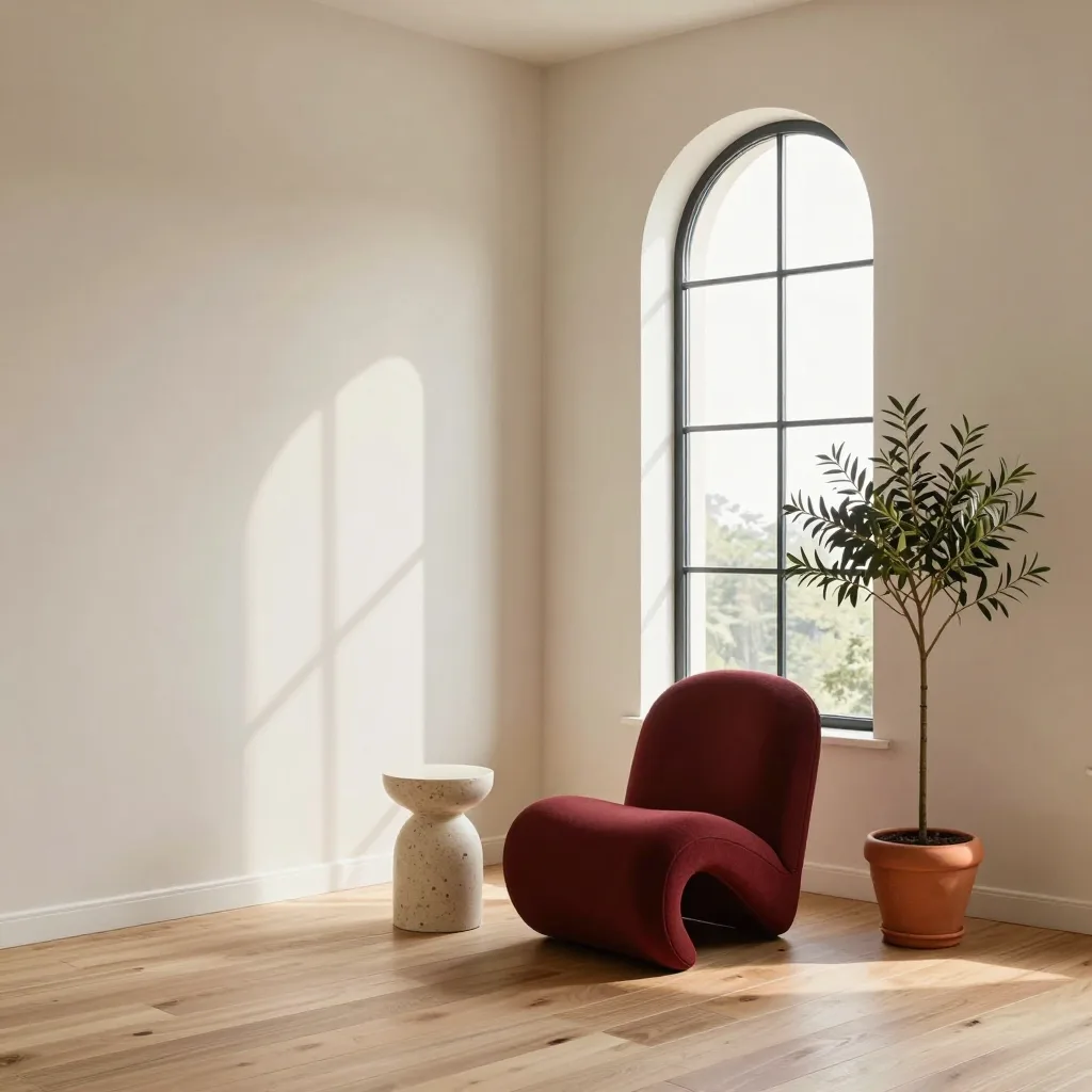 Minimal living room with an oxblood lounge chair, travertine table and an arched window