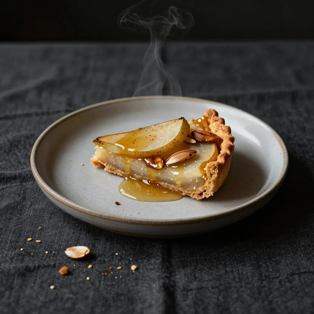 Rustic pear and almond tart on a ceramic plate over a charcoal linen tablecloth