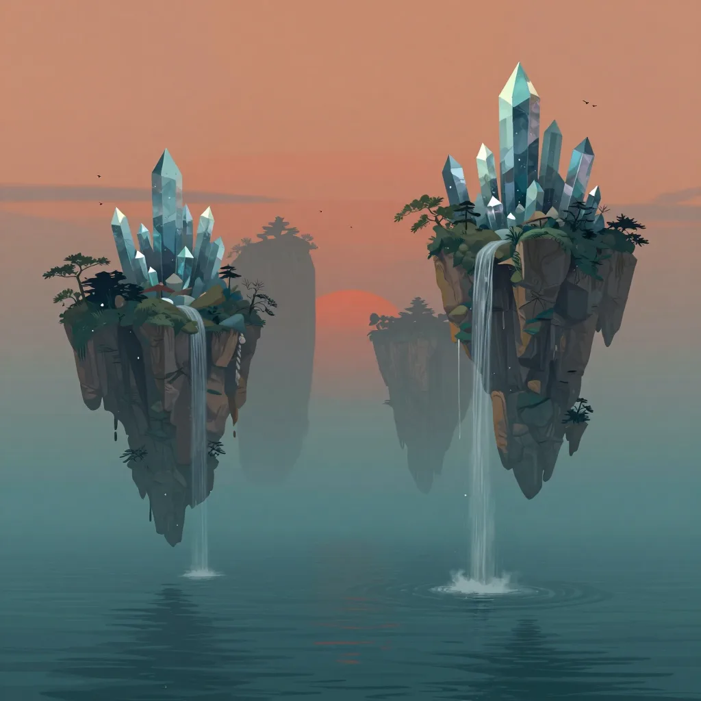 Floating crystal islands above a teal sea at dusk with waterfalls falling into mist