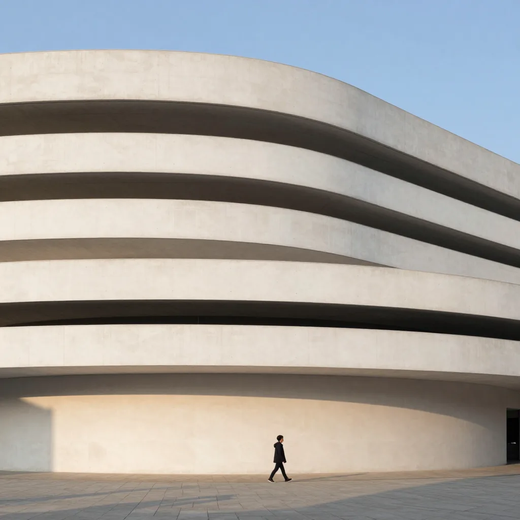 Modern museum facade of layered curved concrete ribbons with a person walking past