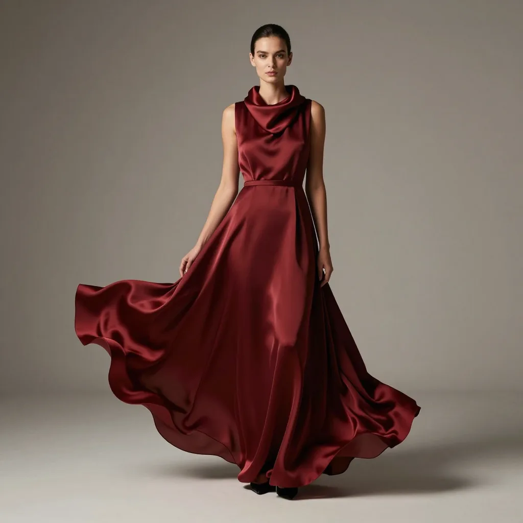Model in a flowing oxblood silk gown with a sculptural collar against a grey backdrop