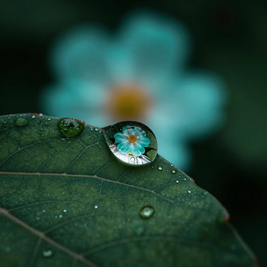 Macro dewdrop on a dark green leaf edge refracting a small teal-and-copper flower