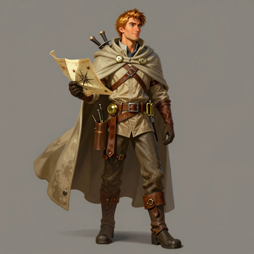 Concept art of a wandering cartographer in a sand-colored cloak holding a star map