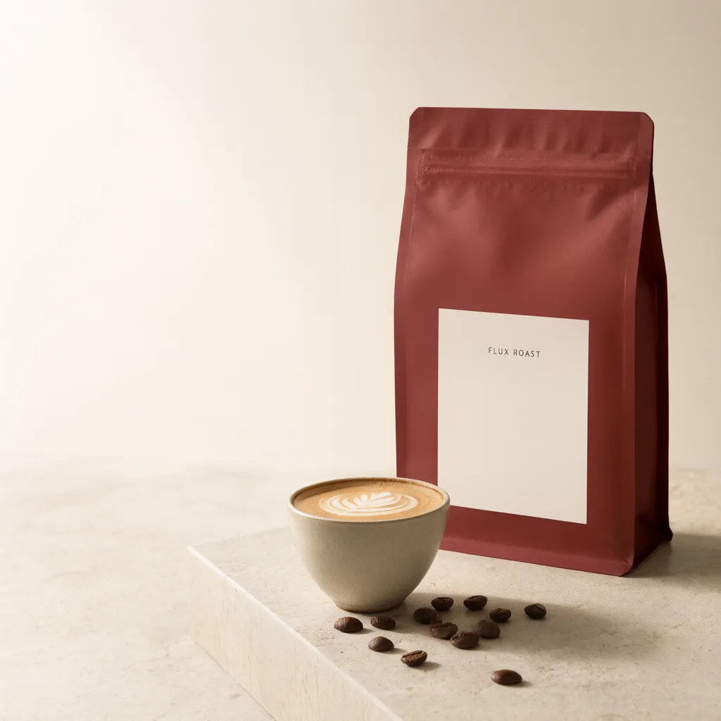 Oxblood coffee bag labeled "FLUX ROAST" beside a ceramic cup with latte art