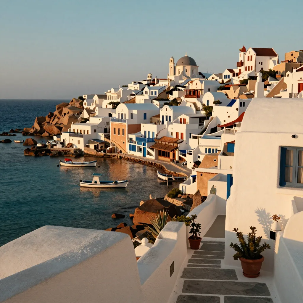 Whitewashed Mediterranean village above a teal harbor at golden hour